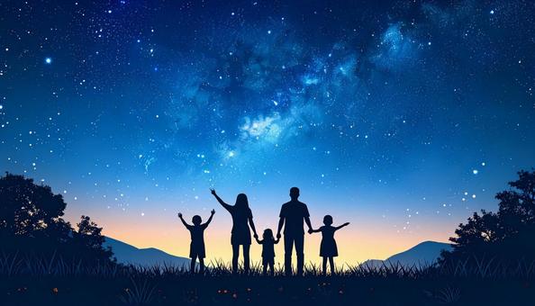 夏の星空を見上げる家族のシルエット 夏の星空を見上げる家族のシルエットの写真