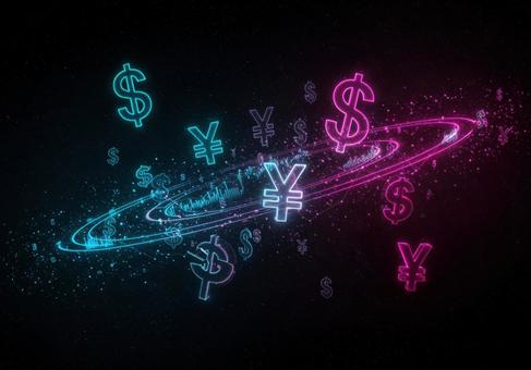 宇宙を漂う光の通貨シンボルと輝く粒子 宇宙を漂う光の通貨シンボルと輝く粒子の写真