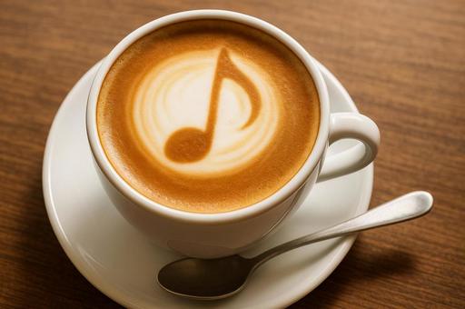 音符のラテアートが描かれたカフェラテの写真