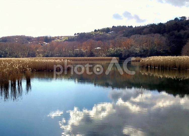 冬の幻想的な湖面の雲 湖面,湖面の雲,湖面の青空の写真素材