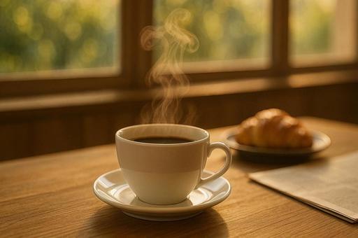朝のカフェ時間 湯気の立つコーヒーカップ 朝のカフェ時間 湯気の立つコーヒーカップの写真