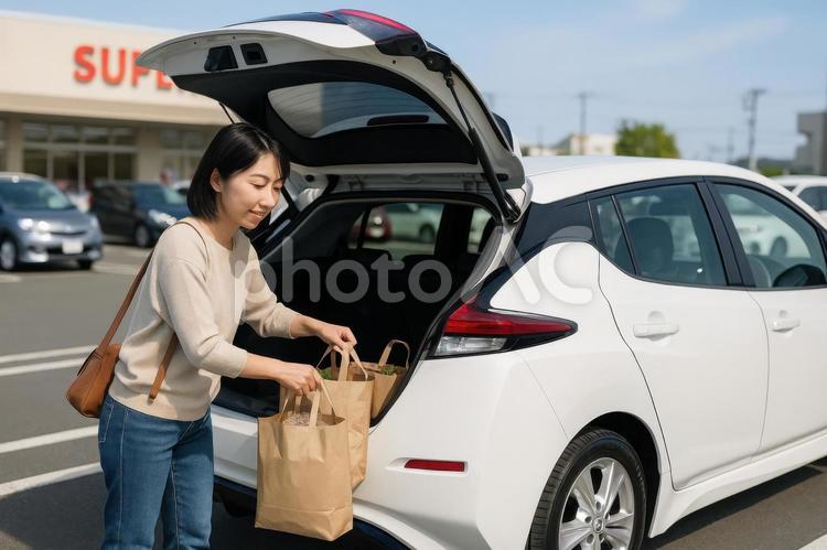 買い物袋を積む主婦 電気自動車,ev,買い物の写真素材