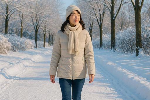 雪景色を歩く冬の女性・寒さ対策・マフラー 雪景色を歩く冬の女性・寒さ対策・マフラーの写真