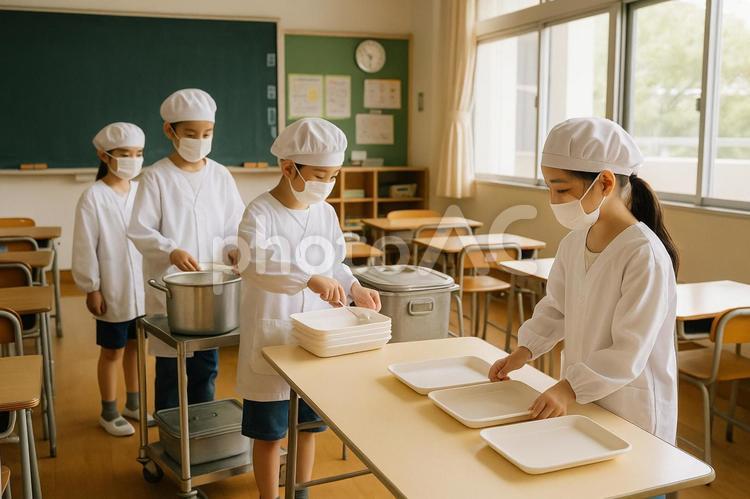 給食を準備する小学生 給食,小学生,配膳の写真素材