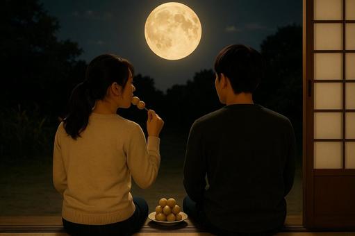 月見を楽しむ縁側カップル 月見を楽しむ縁側カップルの写真