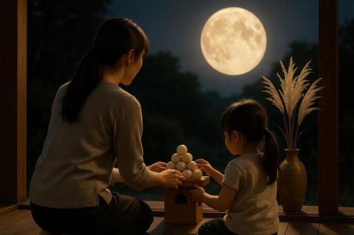 お月見飾りを整える親子の後ろ姿 お月見飾りを整える親子の後ろ姿の写真
