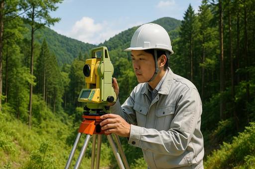 山間部で地形を測る測量士 山間部で地形を測る測量士の写真