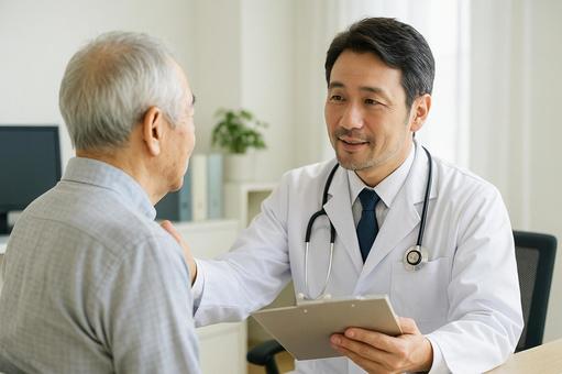 肩に手を添える医師 肩に手を添える医師の写真