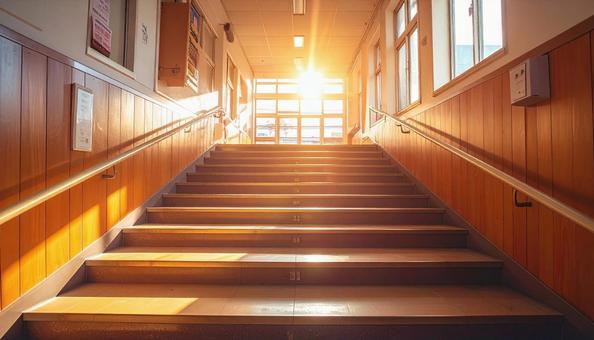 明るい日差しの差し込む学校の階段と踊り場の写真