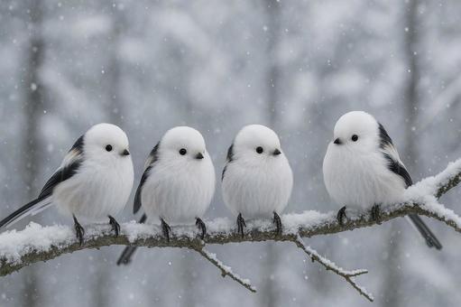 雪の枝に並ぶ、かわいいシマエナガの群れの写真