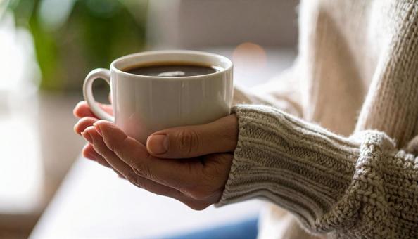 コーヒーカップを手にする女性の手 コーヒーカップを手にする女性の手の写真
