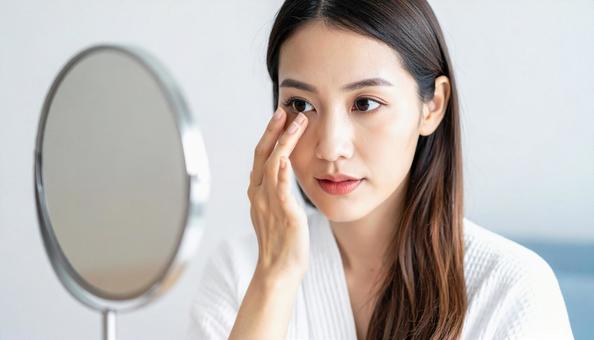 鏡で目元をチェックする女性の写真