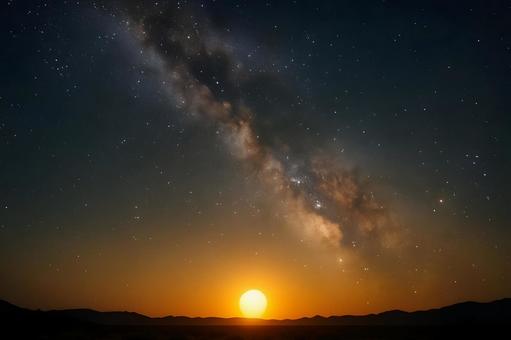 星空と夕日の地平線 星空と夕日の地平線の写真