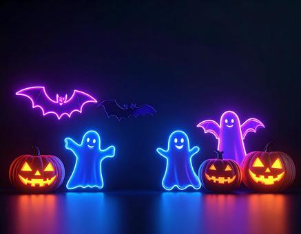 暗闇に浮ぶハロウィンナイトのシンボルたちの写真