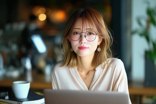 カフェでリモートワークする女性 カフェでリモートワークする女性の写真