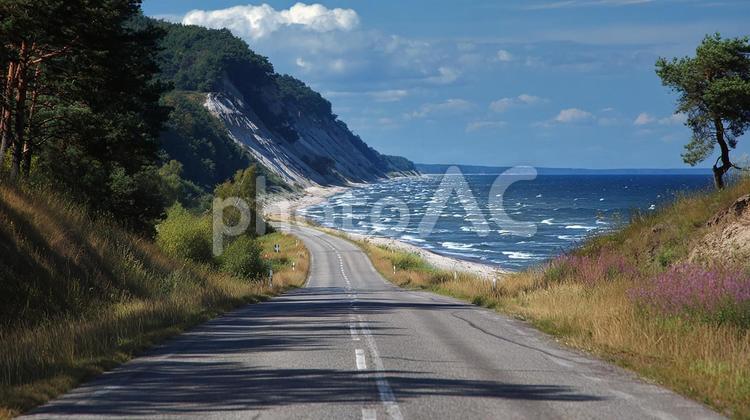 海へと続く一本道 道路,海,風景の写真素材