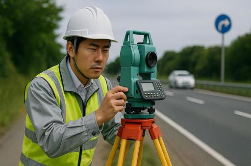 建設現場で測量機器を覗く測量士の写真