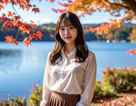 紅葉が綺麗な湖畔での写真