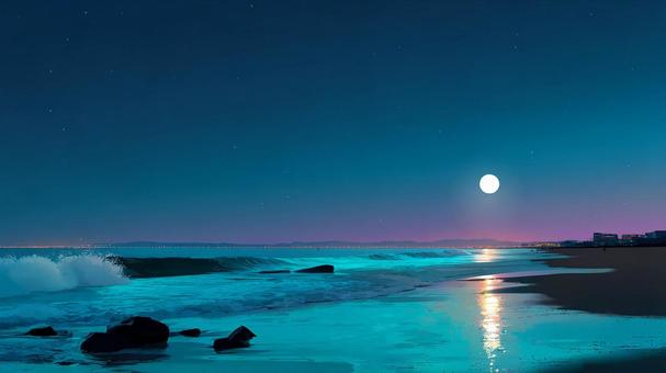 静かに輝く夜の海辺:幻想的な波打ち際 静かに輝く夜の海辺:幻想的な波打ち際の写真