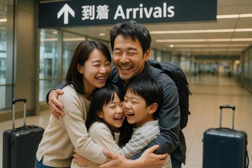 到着ロビーで再会を喜ぶ日本人家族 到着ロビーで再会を喜ぶ日本人家族の写真