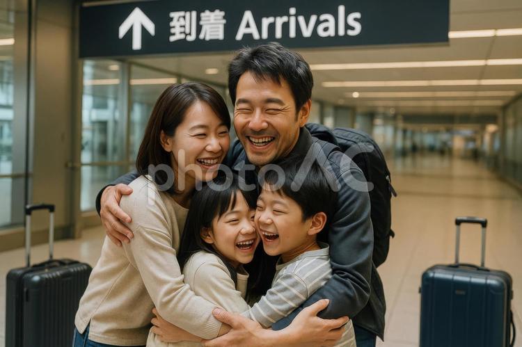 到着ロビーで再会を喜ぶ日本人家族 空港,到着ロビー,再会の写真素材