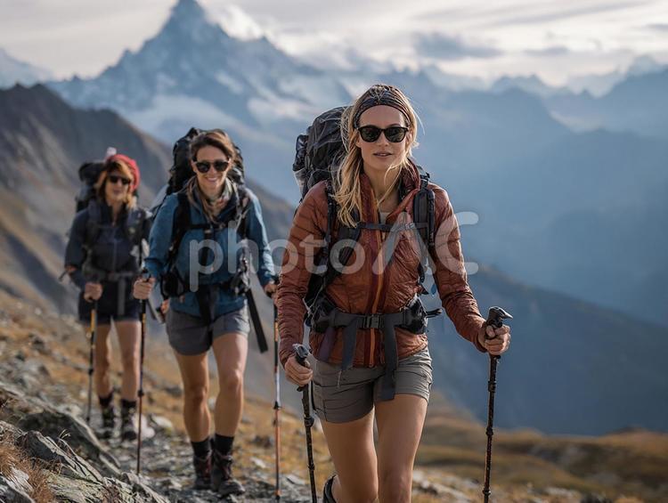 雄大な自然の中、装備を整えて進む登山者 ハイキング,登山,女性の写真素材