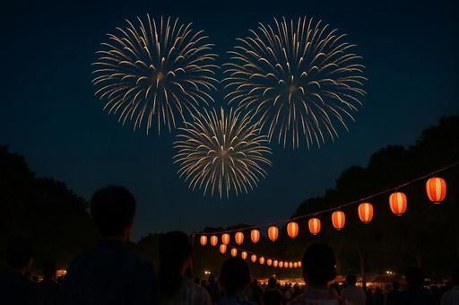 夏祭りの夜空に打ち上げられた花火 夏祭りの夜空に打ち上げられた花火の写真