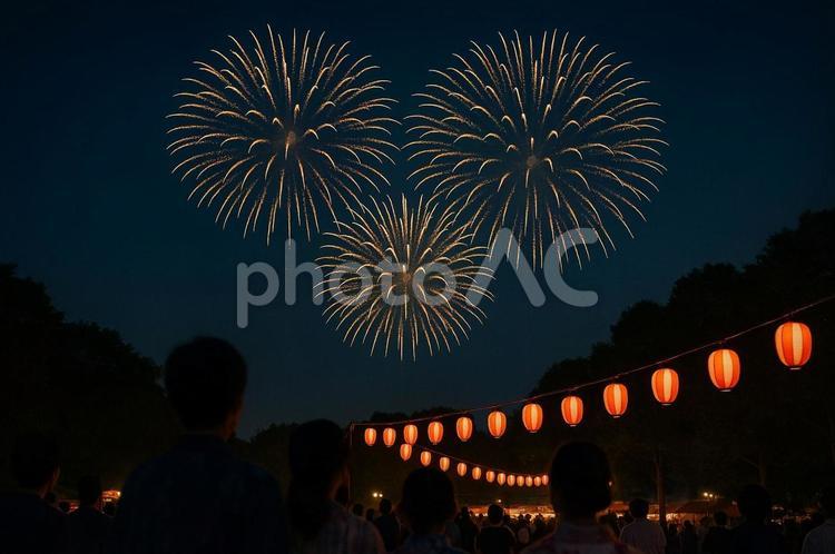 夏祭りの夜空に打ち上げられた花火 花火,祭,夏祭りの写真素材