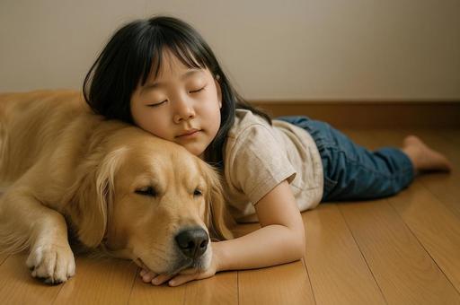犬を枕に寝る女の子 犬を枕に寝る女の子の写真