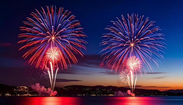 夜空にあがる打ち上げ花火　風物詩の写真