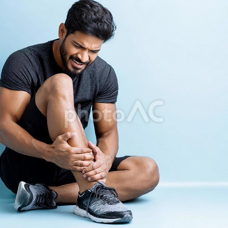 すねの痛みを訴える男性 男性,怪我,スポーツの写真素材