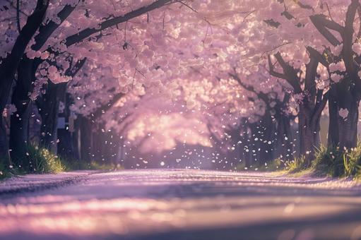 桜並木と舞い散る花びら 桜並木と舞い散る花びらの写真