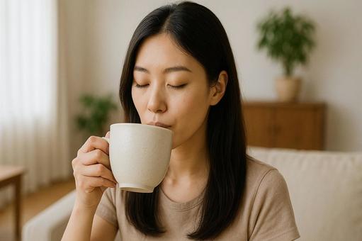 白湯を楽しむ女性 白湯を楽しむ女性の写真