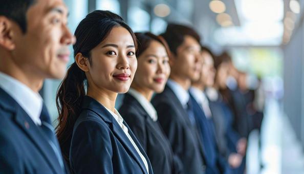 斜めの角度から見た整列する若い会社員の写真