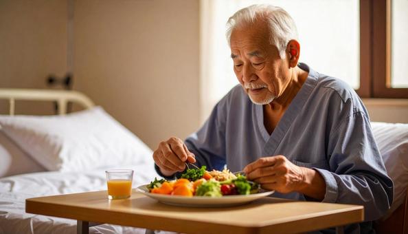 端座位で食事をするシニア男性の患者 端座位で食事をするシニア男性の患者の写真
