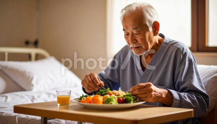 端座位で食事をするシニア男性の患者 患者,端座位,病人食の写真素材