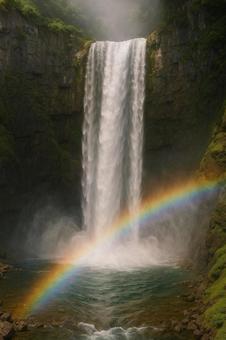 虹がかかる滝の写真