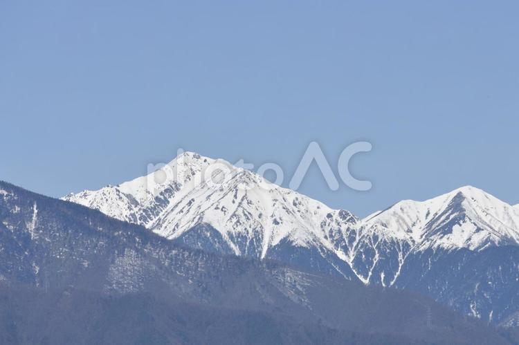 春の信州の風景　雪の北アルプス 自然風景,背景,日本の写真素材