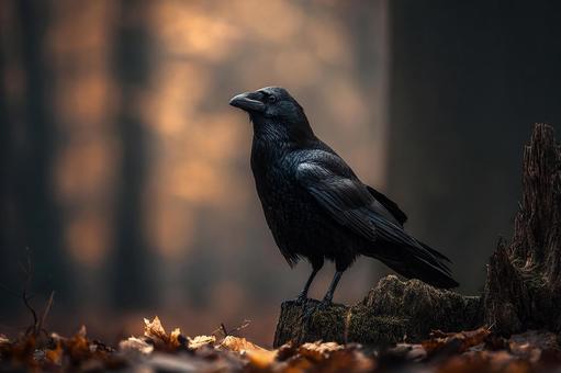 秋の情景とカラスのクローズアップの写真