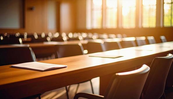 講習会の準備で書類が机に置かれた会場 講習会の準備で書類が机に置かれた会場の写真