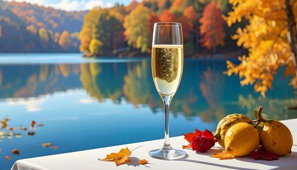 紅葉の湖とシャンパンの写真