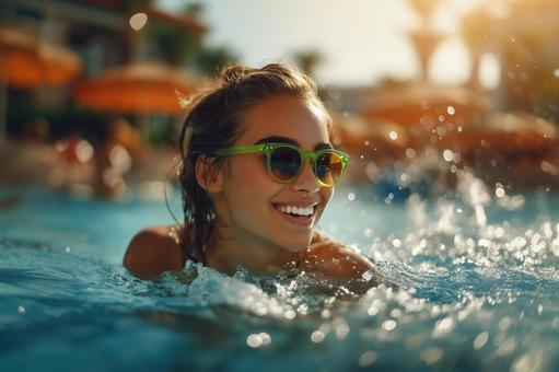 プールで輝く笑顔とサングラス プールで輝く笑顔とサングラスの写真