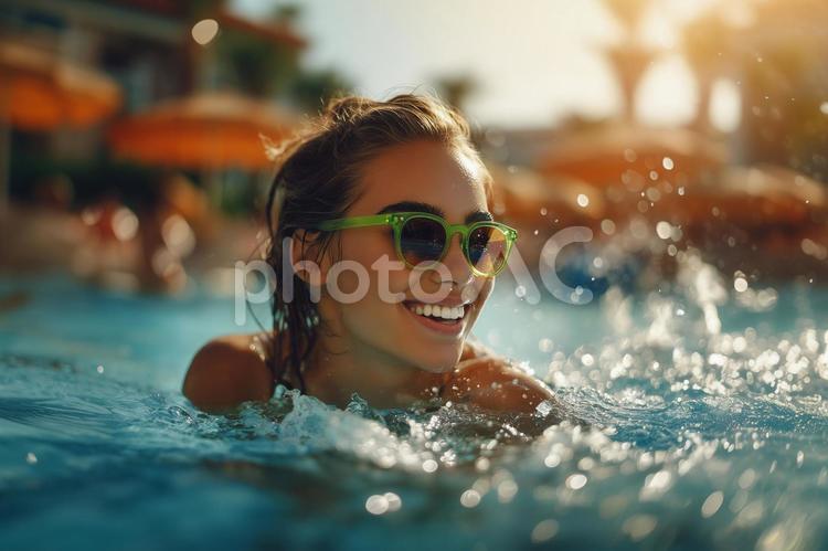 プールで輝く笑顔とサングラス プール,女性,サングラスの写真素材
