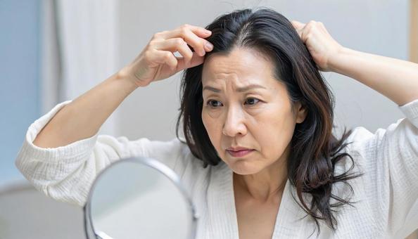 生え際を気にする中年女性 生え際を気にする中年女性の写真