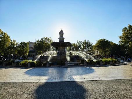 Photo, water spray, plaza, land about, 