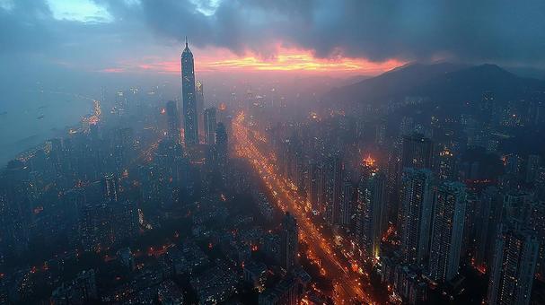 夕焼けに染まる大都市の夜景と、高層ビル群の写真