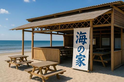 海の家と夏のビーチ風景・海水浴場・砂浜 海の家と夏のビーチ風景・海水浴場・砂浜の写真