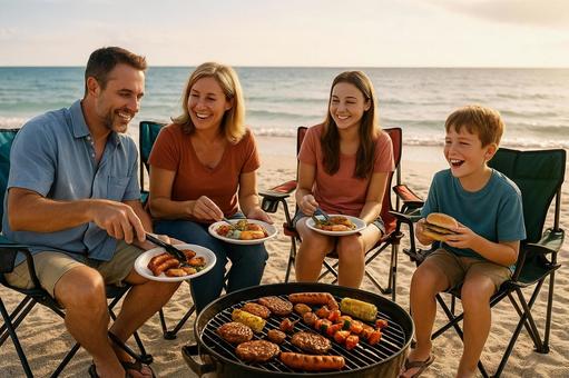 ピクニックとバーベキューを満喫する家族 ピクニックとバーベキューを満喫する家族の写真