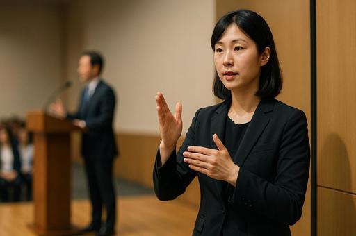 講演会でステージ横に立つ手話通訳士 講演会でステージ横に立つ手話通訳士の写真