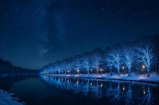 青色のイルミネーション並木と夜空 青色のイルミネーション並木と夜空の写真